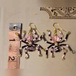 Handmade Pink and Black Beaded Spider Earrings